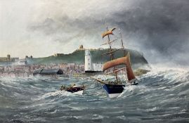 Robert Sheader (British 20th century): Leaving Scarborough Harbour under Stormy Skies