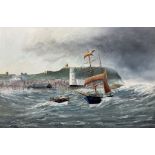 Robert Sheader (British 20th century): Leaving Scarborough Harbour under Stormy Skies