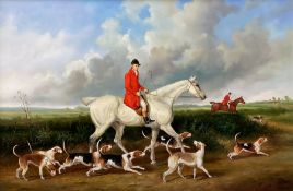 After Benjamin Lander (American 1842-1915): Fox Hunting Scene with Grey Hunter Horse and Hounds