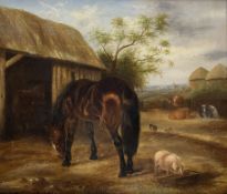 Attrib. Martin Theodore Ward (British 1799-1874): Farmyard Scene with Horse Pig and Cows outside Sta