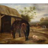 Attrib. Martin Theodore Ward (British 1799-1874): Farmyard Scene with Horse Pig and Cows outside Sta