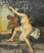 Italian School (Mid-19th century): Nude Maenad Feeding Satyr or Bacchus Wine in a Classical Landscap