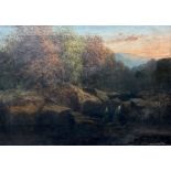 English School (19th century): Derbyshire Landscape with Waterfall at Sunset