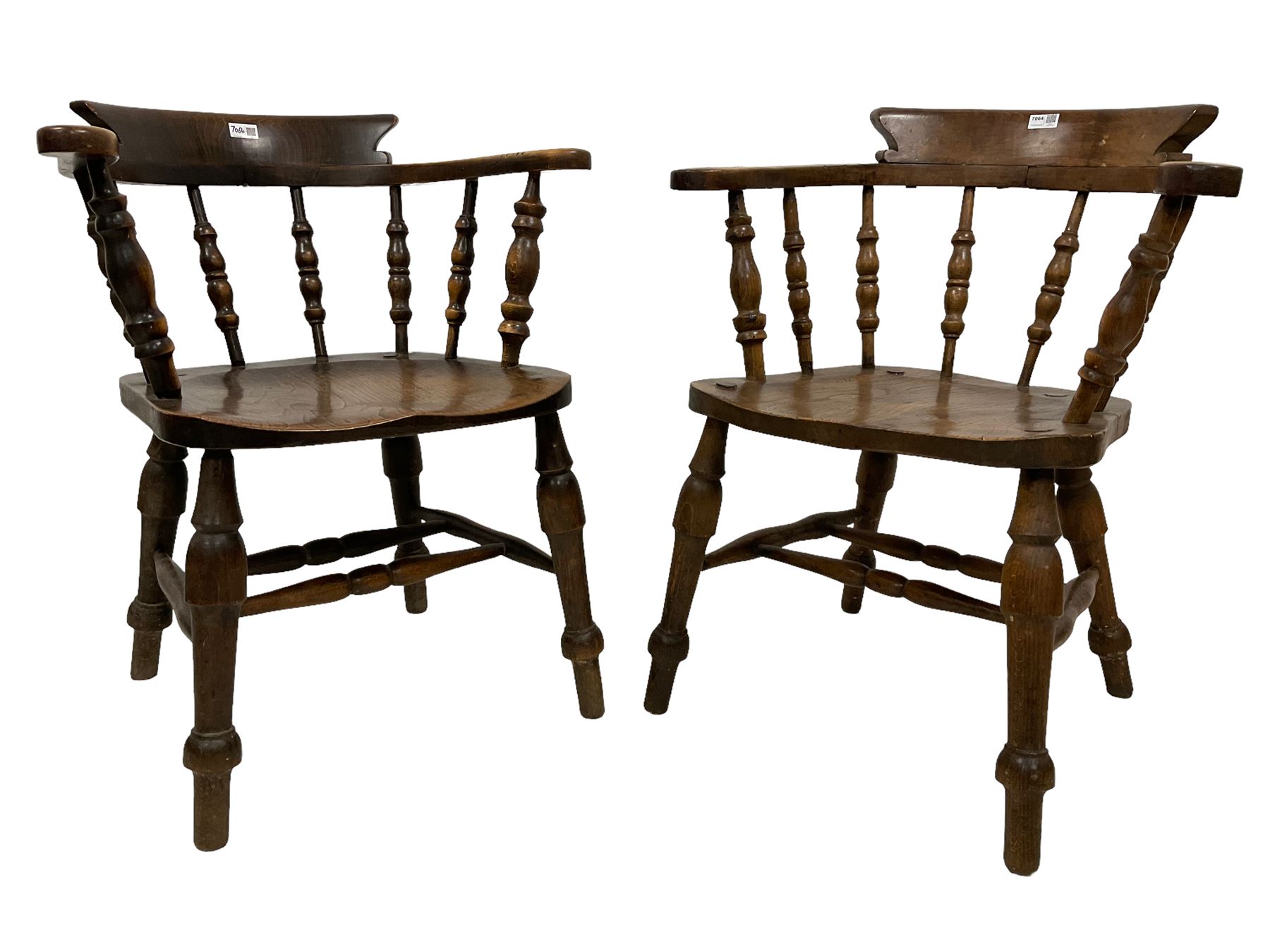 Pair 19th century elm and beech Captains smokers bow chairs