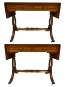 Pair yew wood drop leaf stretcher side or sofa tables