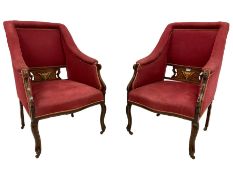 Pair Edwardian walnut framed armchairs