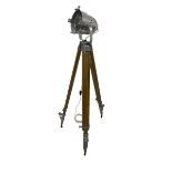 20th century polished metal lamp on theodolite tripod stand