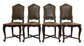 Set four 20th century oak dining chairs with leather back and seat