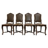 Set four 20th century oak dining chairs with leather back and seat