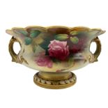 Early 20th century Royal Worcester twin handled footed bowl of squat baluster form with scalloped ri