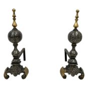 Pair cast iron and wrought metal andirons