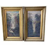 Pair of oils on canvas of river scenes with waterfalls 49cm x 24cm