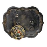 Large lacquered papier mache pie crust design tray decorated with mother of pearl together with anot