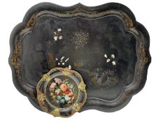 Large lacquered papier mache pie crust design tray decorated with mother of pearl together with anot