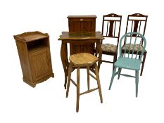 Pair Edwardian inlaid mahogany dining chairs; painted occasional table; pine bedside cabinet; staine