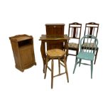 Pair Edwardian inlaid mahogany dining chairs; painted occasional table; pine bedside cabinet; staine