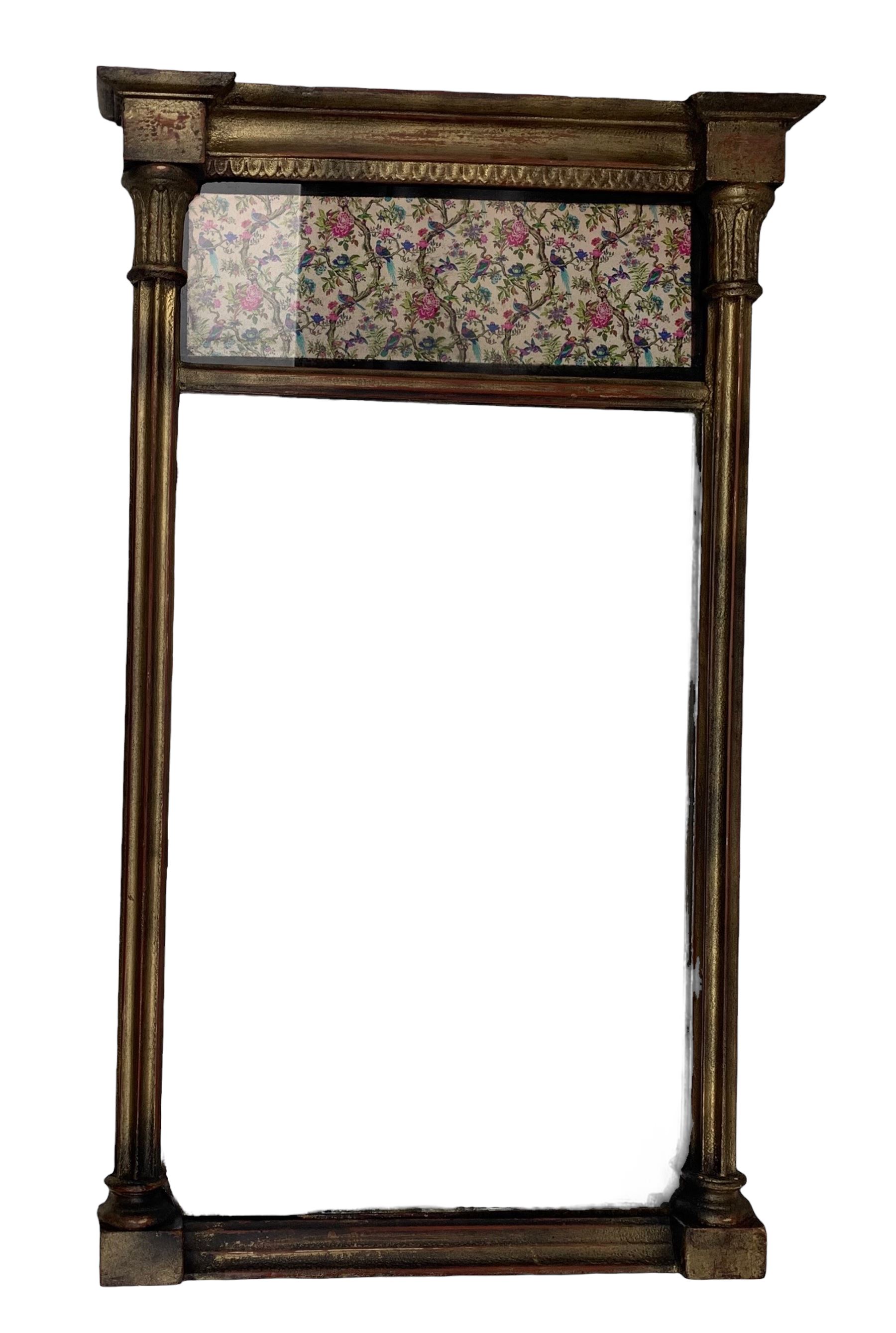 Regency style rectangular mirror with column pilasters with ornamental plate decorated with birds in