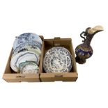 Quantity of meat plates in two boxes together with decorative Nippon ewer max H50cm