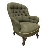 Victorian tub chair in buttoned back green fabric