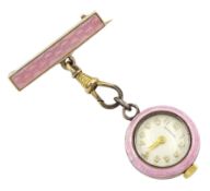 Garrard silver-gilt and pink guilloche enamel ladies fob watch