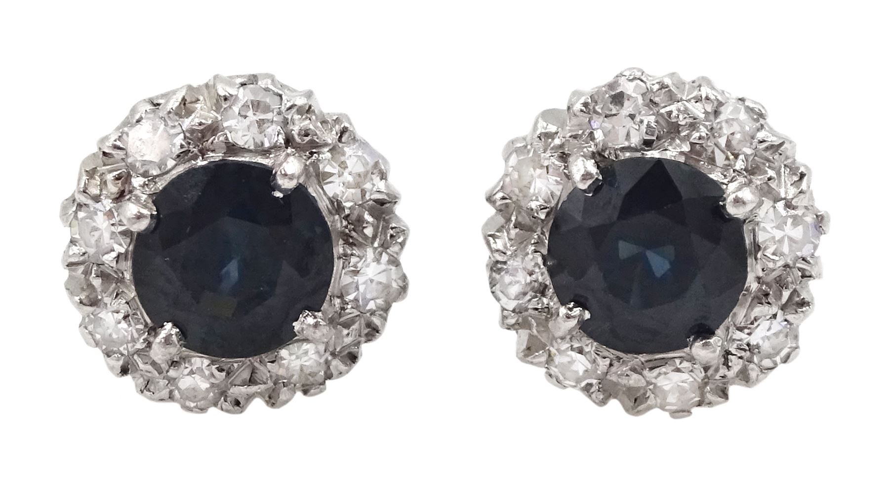 Pair of 18ct white gold round green/blue sapphire and diamond cluster stud earrings