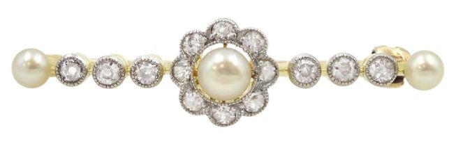 Early-mid 20th century 18ct gold and platinum milgrain set pearl and old cut diamond brooch