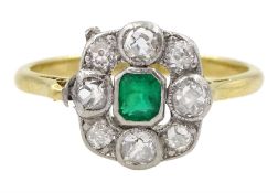 Art Deco 18ct gold milgrain set emerald and old cut diamond cluster ring