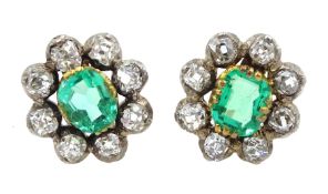 Pair of Victorian silver and gold emerald and old cut diamond cluster stud earrings