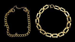 Gold curb link chain bracelet and a rose gold rectangular link bracelet