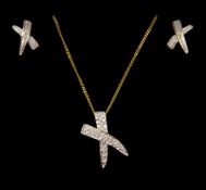 9ct gold diamond cross pendant necklace and matching pair of stud earrings