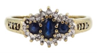 9ct gold three stone sapphire and diamond cluster ring