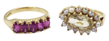 Gold five stone oval rhodolite garnet ring and a gold oval citrine and split pearl cluster ring