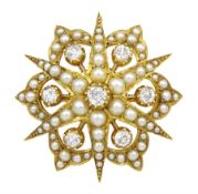 Victorian 18ct gold old cut diamond and split pearl star brooch