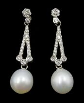 Pair of silver pearl and cubic zirconia openwork pendant stud earrings