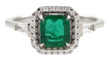 18ct white gold cushion cut emerald and round brilliant cut diamond ring