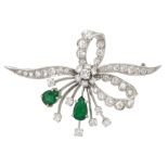 18ct white gold pear shaped emerald and round brilliant cut diamond bow brooch