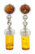 Pair of silver Baltic amber pendant stud earrings
