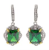 Pair of silver green stone and cubic zirconia cluster pendant stud earrings