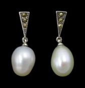 Pair of silver pearl and marcasite pendant stud earrings