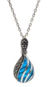 Silver plique-a-jour and marcasite pear shaped pendant necklace