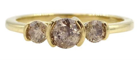 9ct gold three stone champagne colour diamond ring