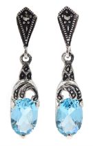 Pair of silver blue stone and marcasite pendant stud earrings