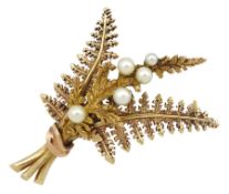 9ct gold pearl fern leaf brooch