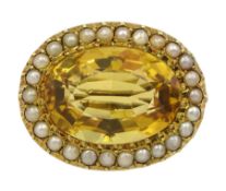 Edwardian 15ct gold oval citrine and seed pearl brooch