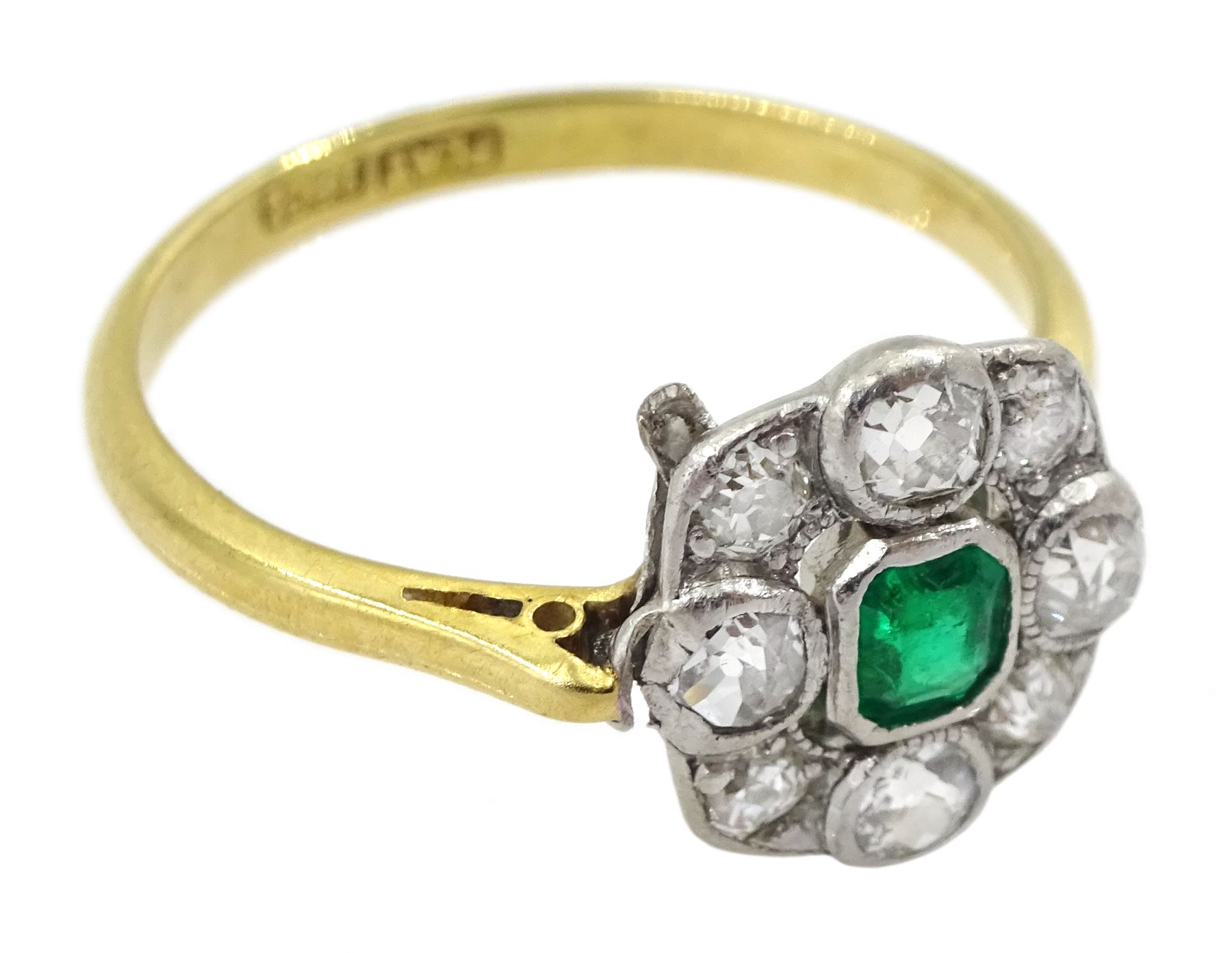 Art Deco 18ct gold milgrain set emerald and old cut diamond cluster ring - Image 3 of 4