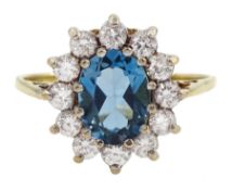 9ct gold oval Swiss blue topaz and cubic zirconia cluster ring