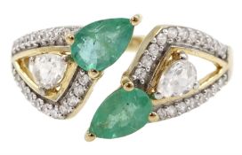 9ct gold pear shaped emerald and white zircon openwork crossover ring