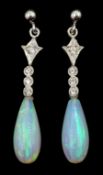 Pair of silver pear shaped opal and cubic zirconia pendant stud earrings