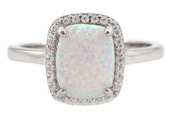 Silver rectangular opal and cubic zirconia cluster ring