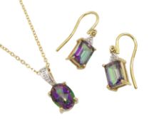 9ct gold oval mystic topaz and diamond pendant necklace and a similar pair of emerald cut mystic top